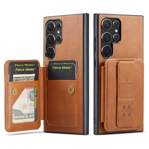 For Samsung Galaxy S24 Ultra 5G Fierre Shann Oil Wax Cow Leather Card Holder Back Phone Case(Brown)