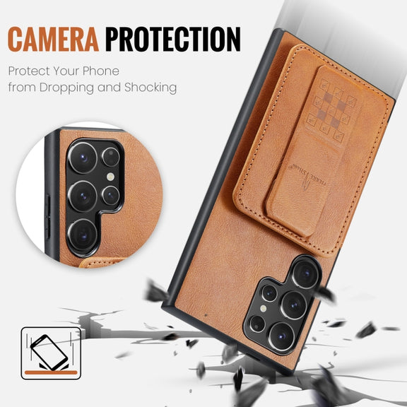 For Samsung Galaxy S24 Ultra 5G Fierre Shann Oil Wax Cow Leather Card Holder Back Phone Case(Brown)