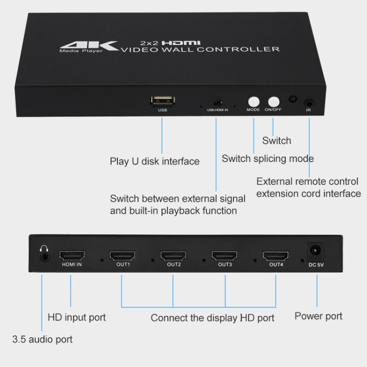 XP03 4K 2x2 HDMI Video Wall Controller Multi-screen Splicing Processor, Style:Playback Version(UK Plug)