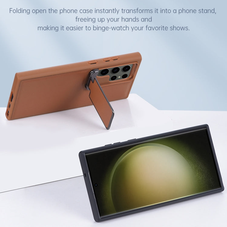 For Samsung Galaxy S24 Ultra 5G Lens Flip Cover All-inclusive Phone Case with Holder(Brown) - Galaxy S24 Ultra 5G Cases by PMC TechLife | Online Shopping South Africa | PMC TechLife