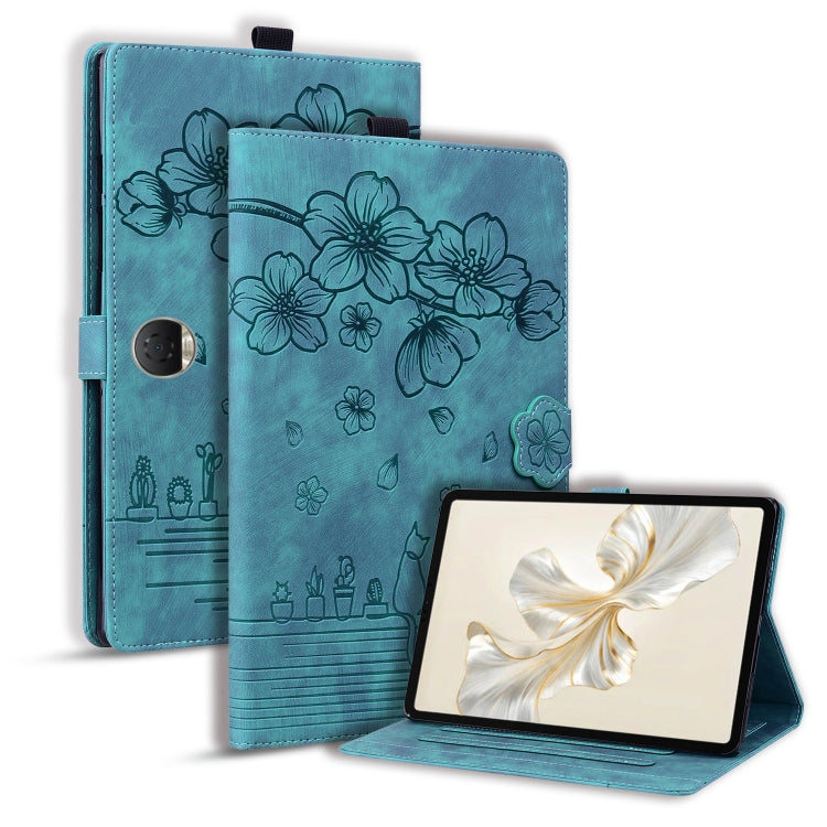 For Honor Pad 9 Cartoon Sakura Cat Embossed Leather Tablet Case(Green) - Honor by PMC TechLife | Online Shopping South Africa | PMC TechLife | Buy Now Pay Later Mobicred