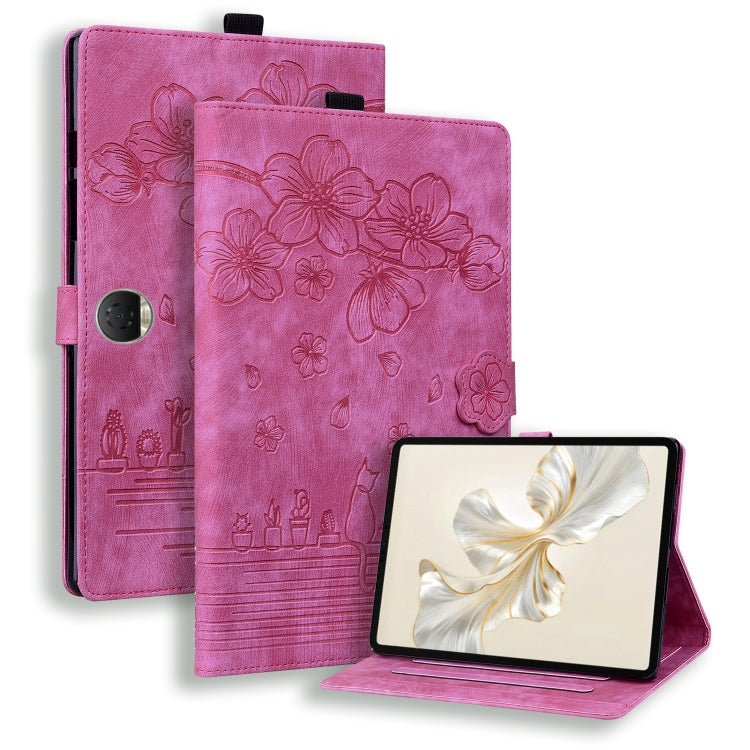 For Honor Pad 9 Cartoon Sakura Cat Embossed Leather Tablet Case(Rose Red) - Honor by PMC TechLife | Online Shopping South Africa | PMC TechLife | Buy Now Pay Later Mobicred
