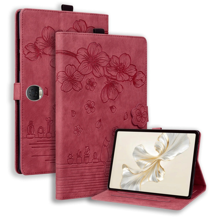 For Honor Pad 9 Cartoon Sakura Cat Embossed Leather Tablet Case(Red) - Honor by PMC TechLife | Online Shopping South Africa | PMC TechLife | Buy Now Pay Later Mobicred