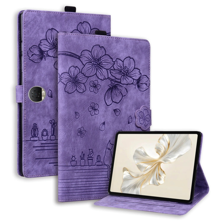 For Honor Pad 9 Cartoon Sakura Cat Embossed Leather Tablet Case(Purple) - Honor by PMC TechLife | Online Shopping South Africa | PMC TechLife | Buy Now Pay Later Mobicred