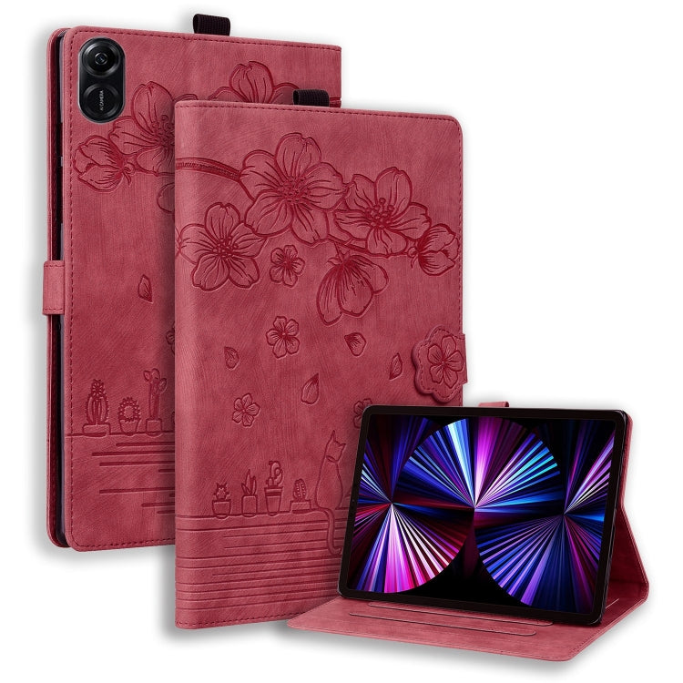 For Honor Pad X8a Cartoon Sakura Cat Embossed Leather Tablet Case(Red) - Honor by PMC TechLife | Online Shopping South Africa | PMC TechLife | Buy Now Pay Later Mobicred