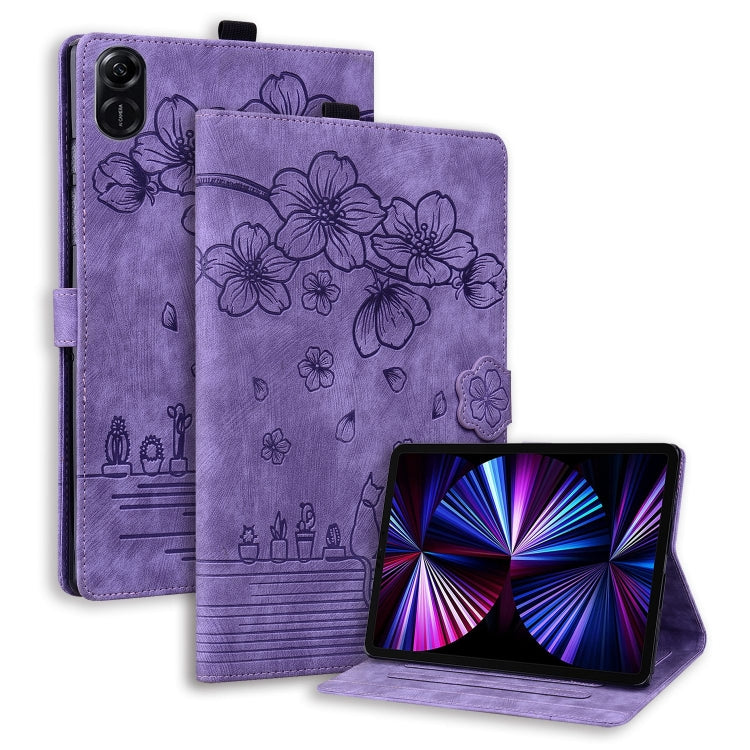 For Honor Pad X8a Cartoon Sakura Cat Embossed Leather Tablet Case(Purple) - Honor by PMC TechLife | Online Shopping South Africa | PMC TechLife | Buy Now Pay Later Mobicred