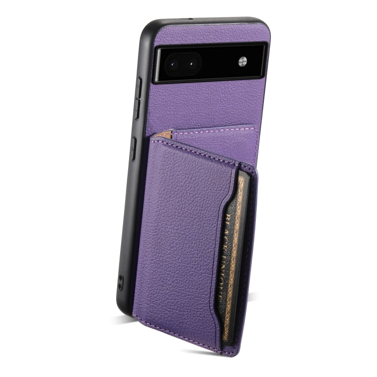 For Google Pixel 6a Calf Texture Card Bag Design Full Coverage Phone Case(Purple) - Google Cases by PMC TechLife | Online Shopping South Africa | PMC TechLife | Buy Now Pay Later Mobicred
