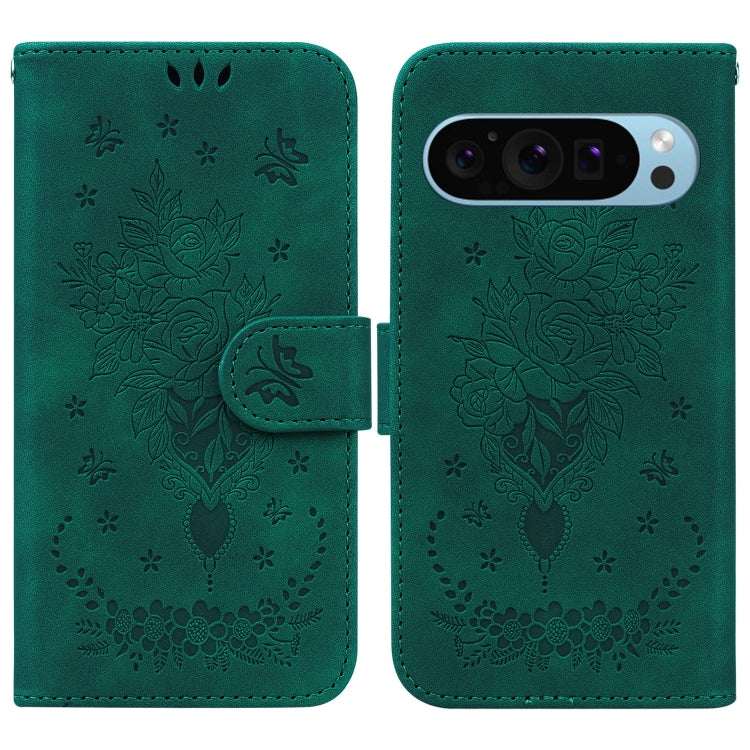 For Google Pixel 9 Pro Butterfly Rose Embossed Leather Phone Case(Green) - Google Cases by PMC TechLife | Online Shopping South Africa | PMC TechLife | Buy Now Pay Later Mobicred