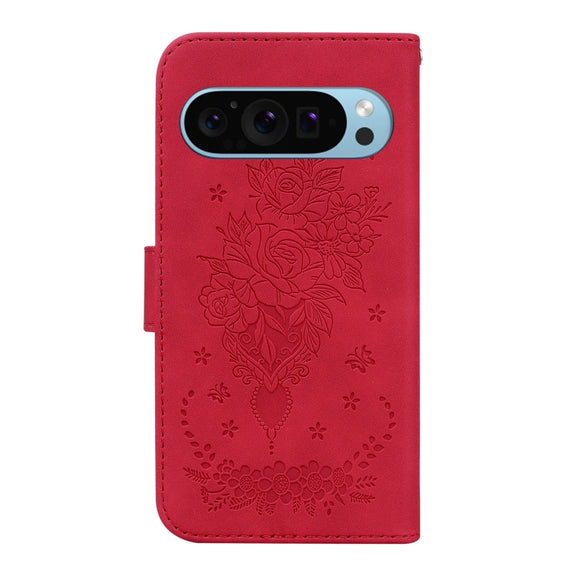 For Google Pixel 9 Pro Butterfly Rose Embossed Leather Phone Case(Red)