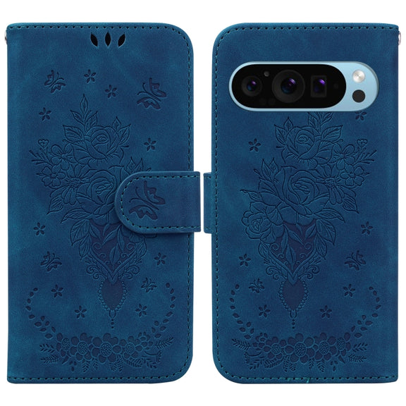 For Google Pixel 9 Butterfly Rose Embossed Leather Phone Case(Blue)