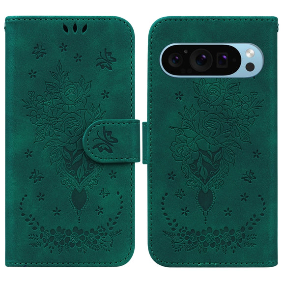 For Google Pixel 9 Butterfly Rose Embossed Leather Phone Case(Green)