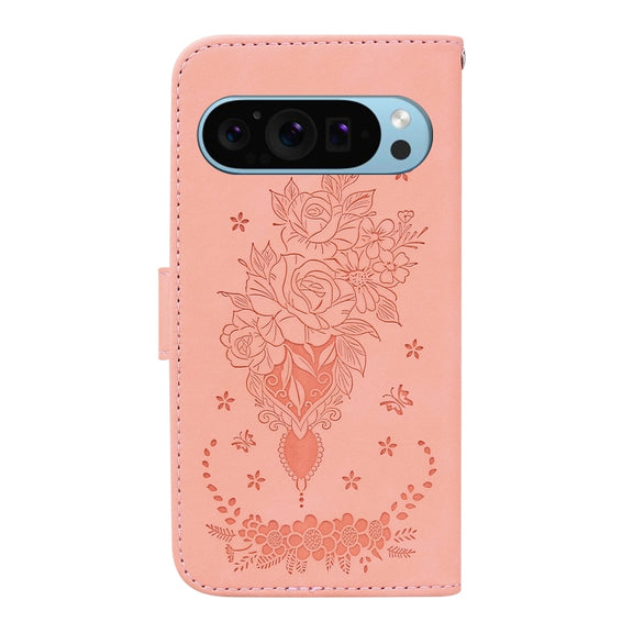 For Google Pixel 9 Butterfly Rose Embossed Leather Phone Case(Pink)