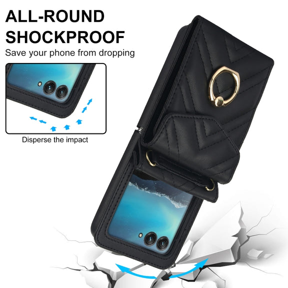 For Motorola Razr 40 Ultra / Razr 2023 V-shaped RFID Card Slot Phone Case with Ring Holder(Black)