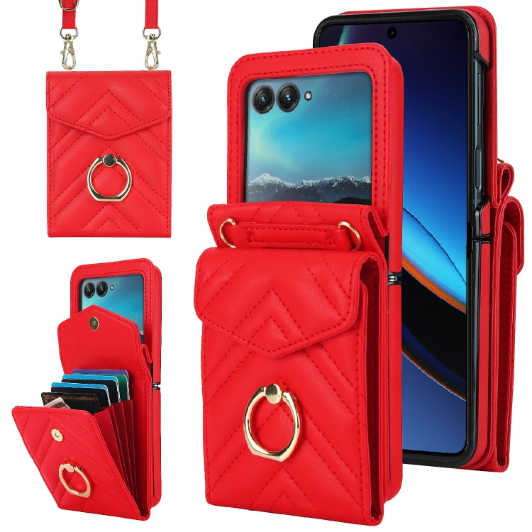 For Motorola Razr 40 Ultra / Razr 2023 V-shaped RFID Card Slot Phone Case with Ring Holder(Red) - Motorola Cases by PMC TechLife | Online Shopping South Africa | PMC TechLife | Buy Now Pay Later Mobicred