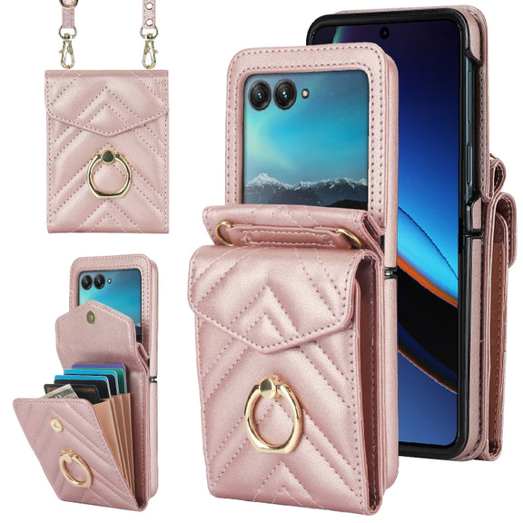 For Motorola Razr 40 Ultra / Razr 2023 V-shaped RFID Card Slot Phone Case with Ring Holder(Rose Gold)