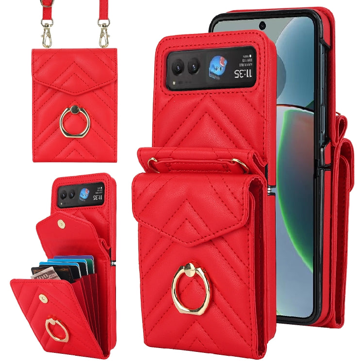 For Motorola Razr 40 V-shaped RFID Card Slot Phone Case with Ring Holder(Red) - Motorola Cases by PMC TechLife | Online Shopping South Africa | PMC TechLife | Buy Now Pay Later Mobicred