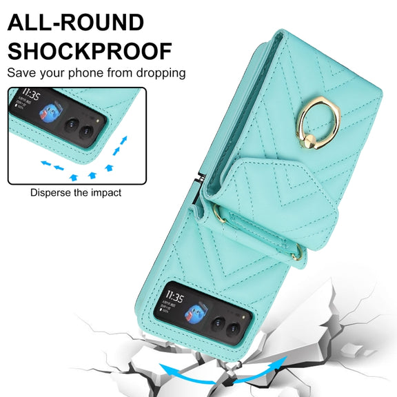 For Motorola Razr 40 V-shaped RFID Card Slot Phone Case with Ring Holder(Green)