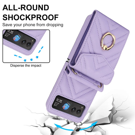 For Motorola Razr 40 V-shaped RFID Card Slot Phone Case with Ring Holder(Purple)