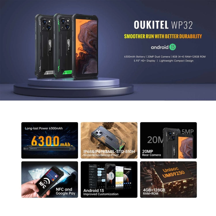 Oukitel WP32, 4GB+128GB, IP68/IP69K, 5.93 inch Android 13 Unisoc Tiger T606 Octa-core, NFC, OTG, Network: 4G(Black) - OUKITEL by OUKITEL | Online Shopping South Africa | PMC TechLife | Buy Now Pay Later Mobicred