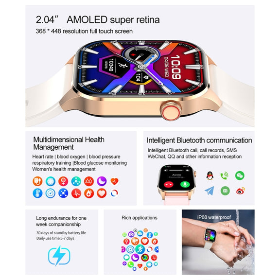 T98 2.04 inch IP68 Water-resistant Bluetooth Call Smart Watch, Support Blood Oxygen Monitoring(Black)
