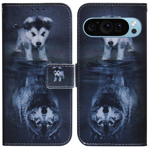 For Google Pixel 9 Pro Coloured Drawing Flip Leather Phone Case(Wolf and Dog)
