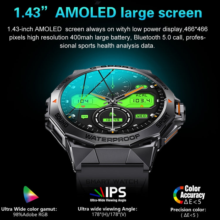 K62 1.43 inch AMOLED Round Screen Smart Watch Supports Bluetooth Calls(Silver Orange)