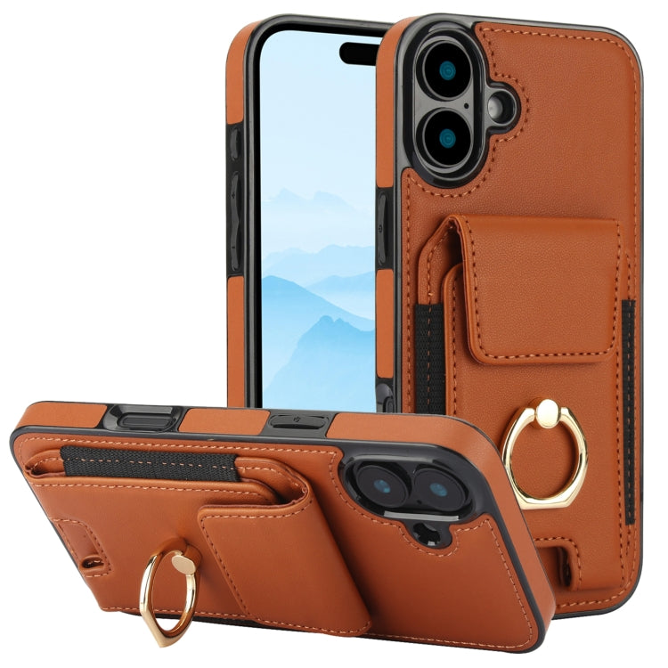For iPhone 16 Elastic Card Bag Ring Holder Phone Case(Brown) - iPhone 16 Cases by PMC TechLife | Online Shopping South Africa | PMC TechLife | Buy Now Pay Later Mobicred