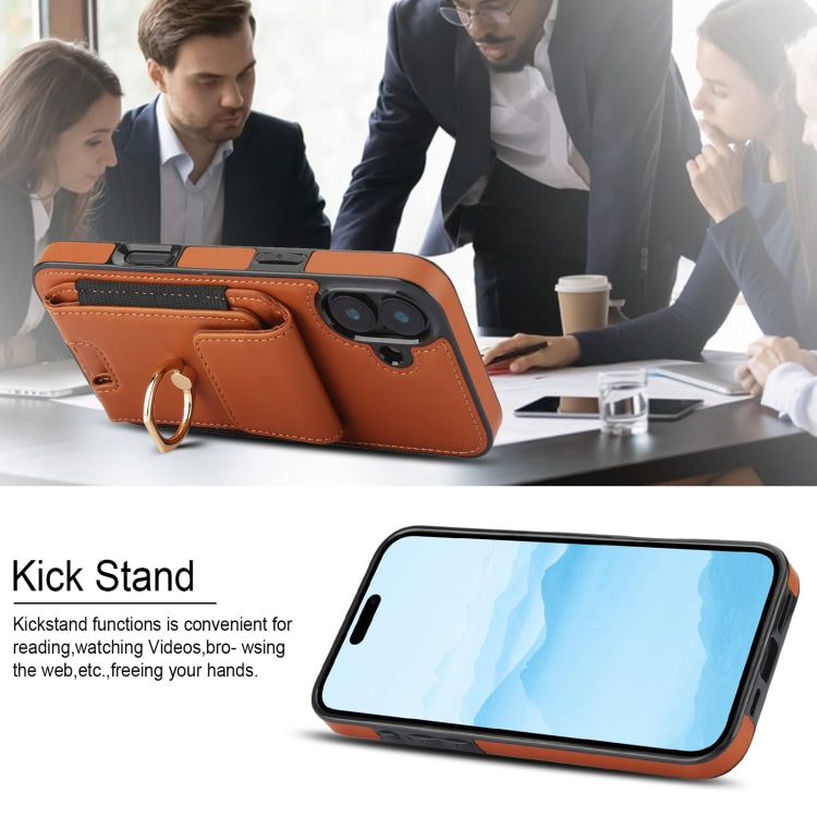 For iPhone 16 Elastic Card Bag Ring Holder Phone Case(Brown) - iPhone 16 Cases by PMC TechLife | Online Shopping South Africa | PMC TechLife | Buy Now Pay Later Mobicred