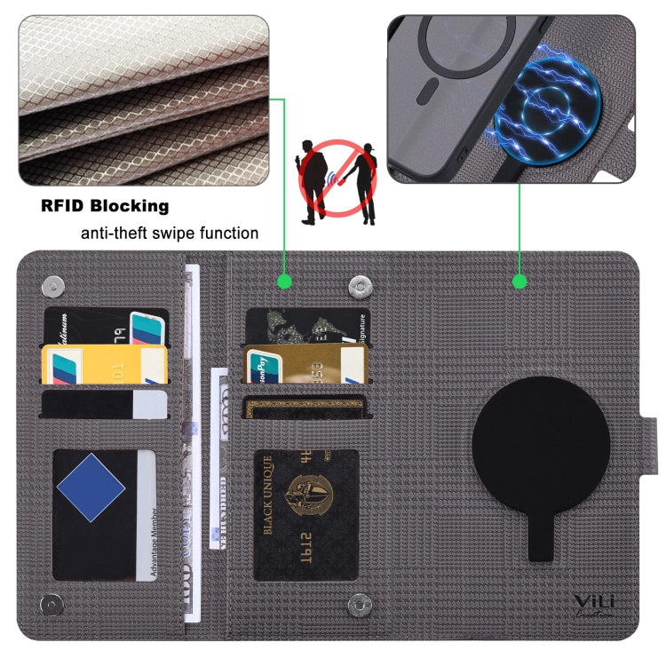 For iPhone 15 Pro Max ViLi GHA Series Shockproof MagSafe RFID Leather Attraction Horizontal Flip Phone Case(Grey)