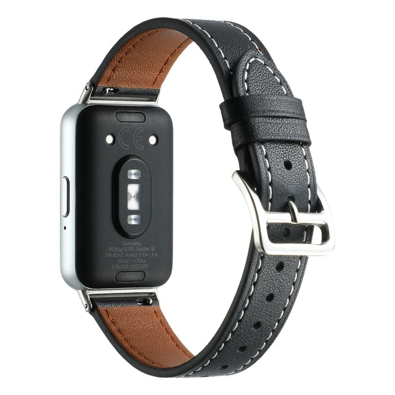 For Samsung Galaxy Fit 3 Sewing Thread Genuine Leather Watch Band(Black)