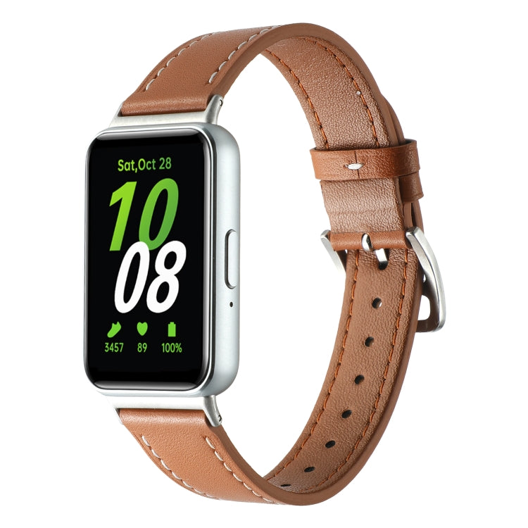For Samsung Galaxy Fit 3 Sewing Thread Genuine Leather Watch Band(Brown) - Watch Bands by PMC TechLife | Online Shopping South Africa | PMC TechLife