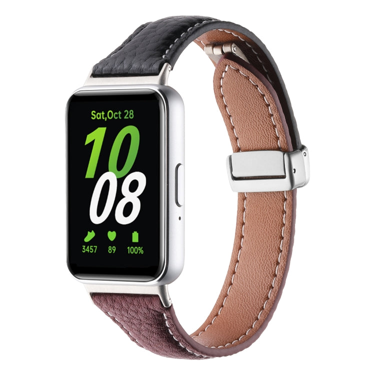 For Samsung Galaxy Fit 3 Litchi Texture Magnetic Buckle Slim Leather Watch Band(Black+Rose Gold) - Watch Bands by PMC TechLife | Online Shopping South Africa | PMC TechLife
