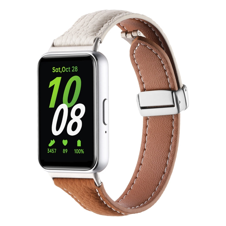 For Samsung Galaxy Fit 3 Litchi Texture Magnetic Buckle Slim Leather Watch Band(Milk White+Yellow Brown) - Watch Bands by PMC TechLife | Online Shopping South Africa | PMC TechLife