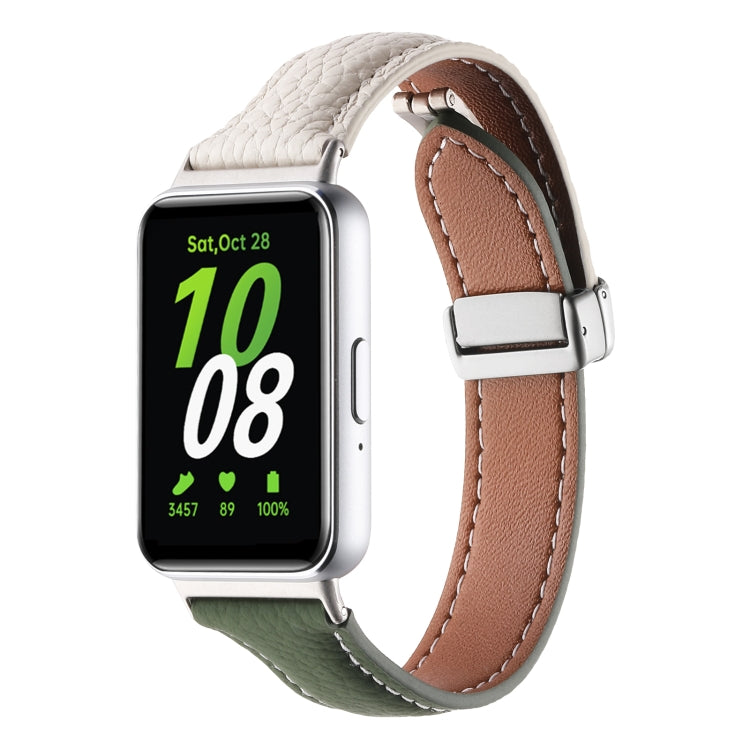 For Samsung Galaxy Fit 3 Litchi Texture Magnetic Buckle Slim Leather Watch Band(Milk White+Dark Green) - Watch Bands by PMC TechLife | Online Shopping South Africa | PMC TechLife