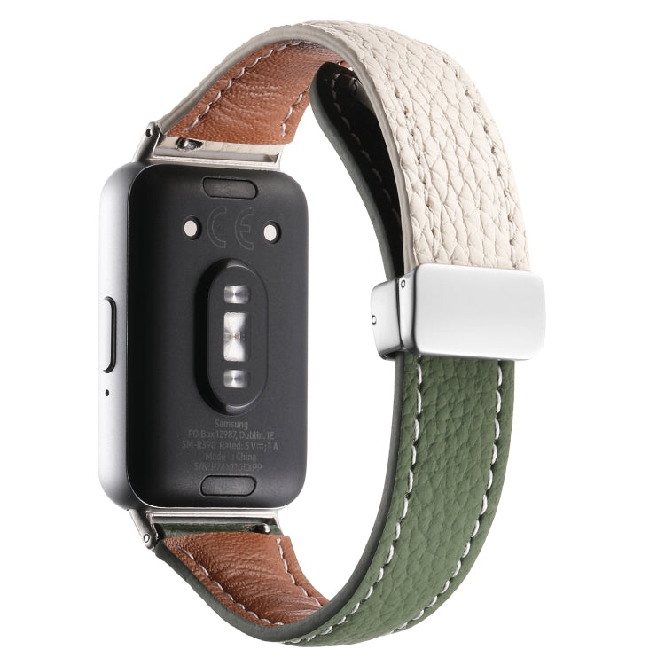 For Samsung Galaxy Fit 3 Litchi Texture Magnetic Buckle Slim Leather Watch Band(Milk White+Dark Green) - Watch Bands by PMC TechLife | Online Shopping South Africa | PMC TechLife