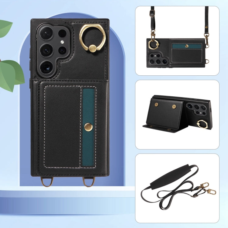 For Samsung Galaxy S24 Ultra 5G Crossbodys Wallet Bag Ring Holder Leather Phone Case(Black)