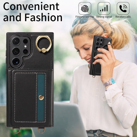 For Samsung Galaxy S24 Ultra 5G Crossbodys Wallet Bag Ring Holder Leather Phone Case(Black)