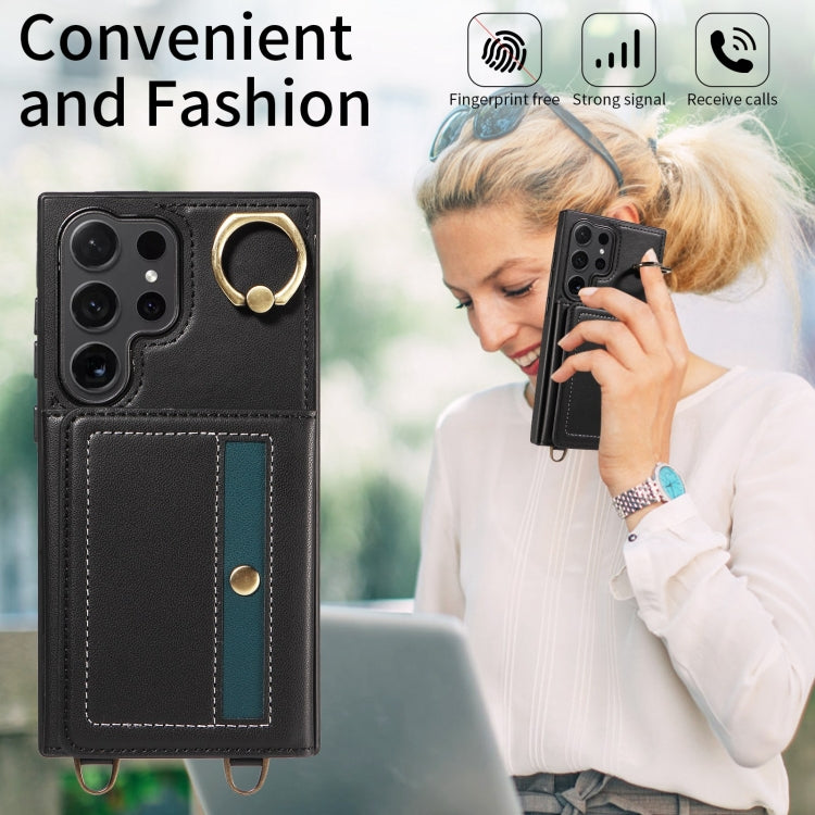 For Samsung Galaxy S24 Ultra 5G Crossbodys Wallet Bag Ring Holder Leather Phone Case(Black)