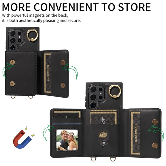 For Samsung Galaxy S24 Ultra 5G Crossbodys Wallet Bag Ring Holder Leather Phone Case(Black)