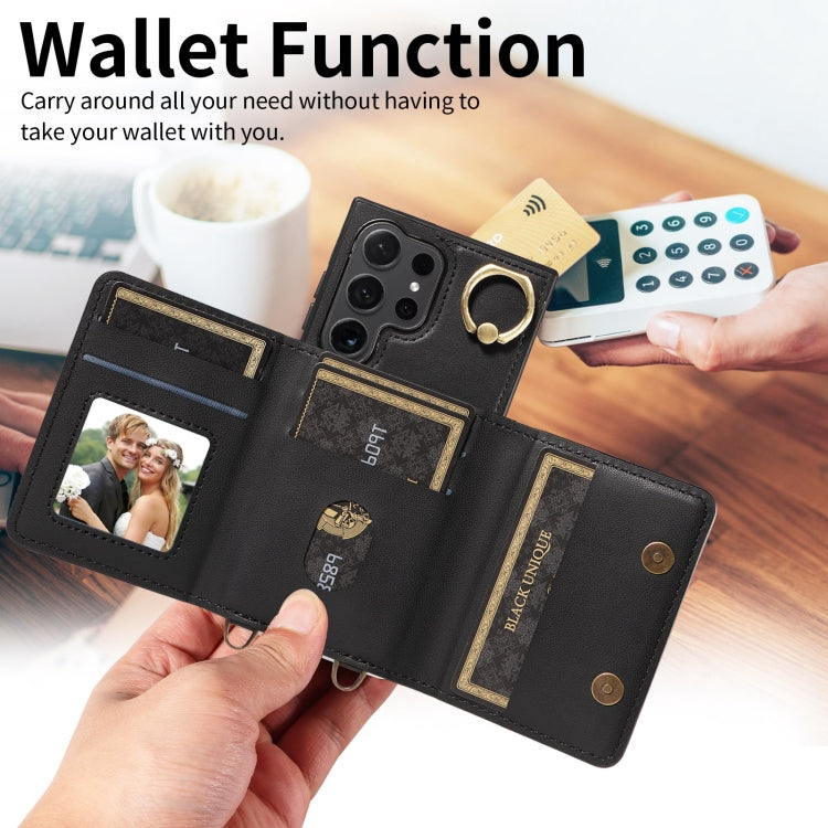 For Samsung Galaxy S24 Ultra 5G Crossbodys Wallet Bag Ring Holder Leather Phone Case(Black)