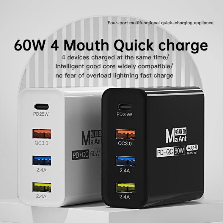 Ma-Ant 60W USB-C/Type-C+3 USB Multi-port Fast Charging Charger, Plug:US Plug(White)