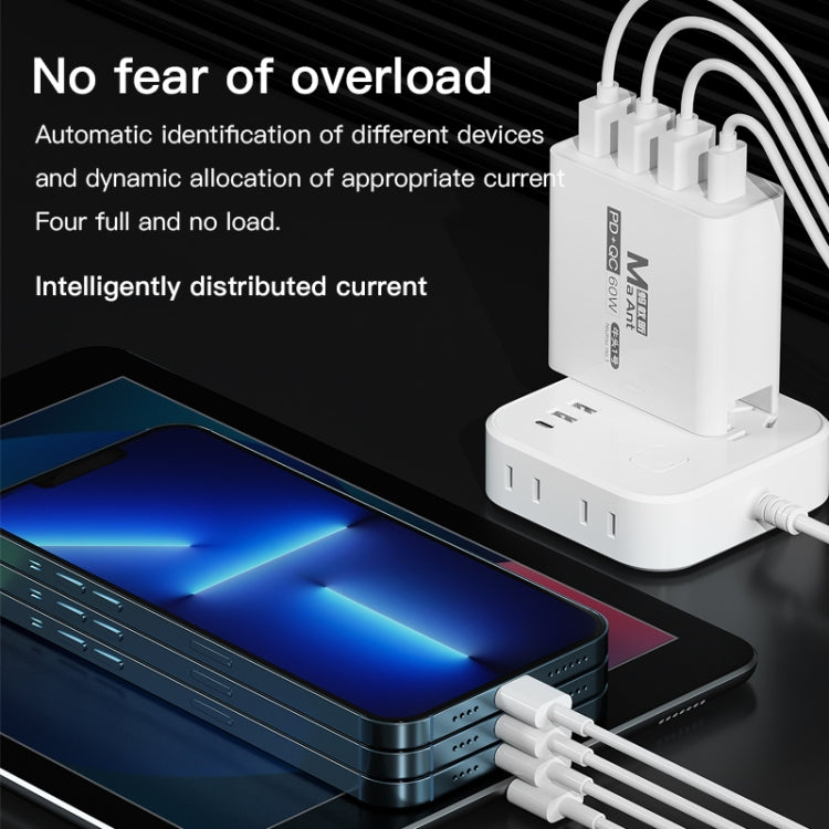 Ma-Ant 60W USB-C/Type-C+3 USB Multi-port Fast Charging Charger, Plug:US Plug(White)