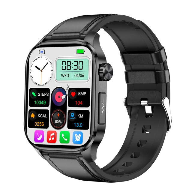 ET580 2.04 inch AMOLED Screen Sports Smart Watch Support Bluetooth Call /  ECG Function(Black Leather Band)