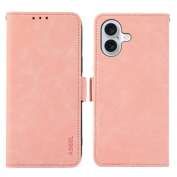 For iPhone 16 Plus ABEEL Frosted Magnetic RFID Leather Phone Case(Pink)