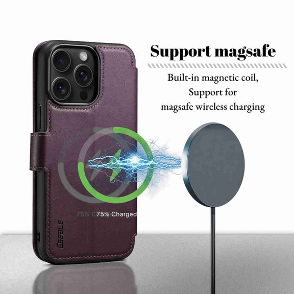 For iPhone 14 / 13 ESEBLE E1 Nappa Texture MagSafe Holder Leather Phone Case(Dark Purple)