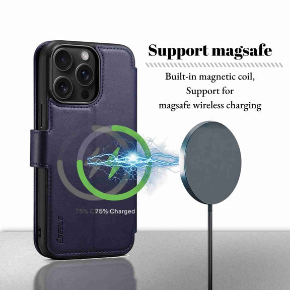 For iPhone 15 Plus / 14 Plus ESEBLE E1 Nappa Texture MagSafe Holder Leather Phone Case(Dark Blue)