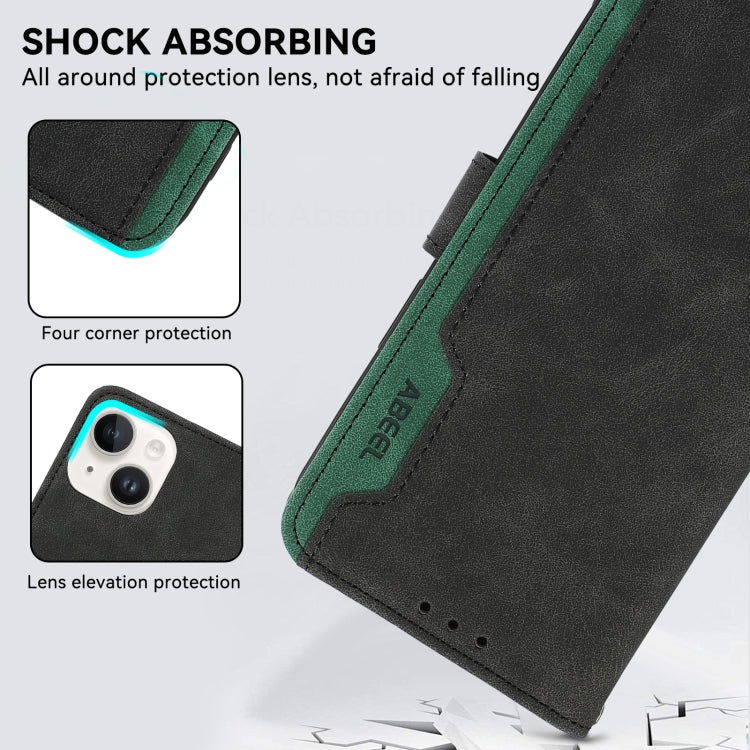 For iPhone 16 Plus ABEEL Color Block Magnetic RFID Leather Phone Case(Black-Green)