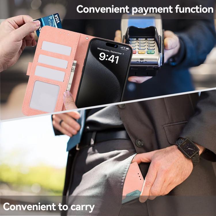 For iPhone 16e ABEEL Color Block Magnetic RFID Leather Phone Case(Pink-Cyan) - iPhone 16e Cases by PMC TechLife | Online Shopping South Africa | PMC TechLife | Buy Now Pay Later Mobicred