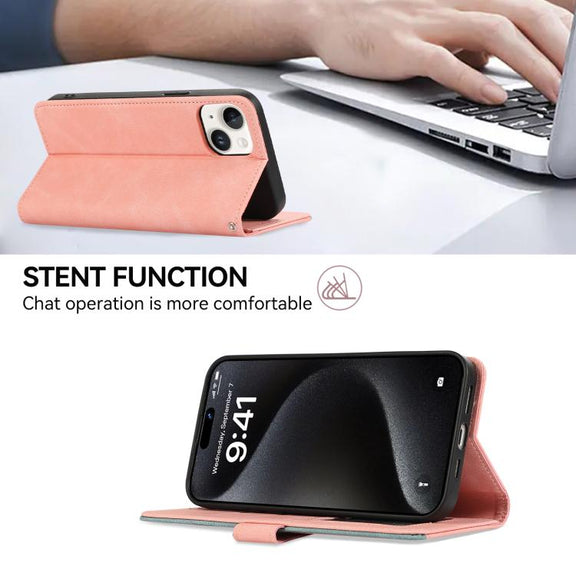 For iPhone 17 ABEEL Color Block Magnetic RFID Leather Phone Case(Pink-Cyan)