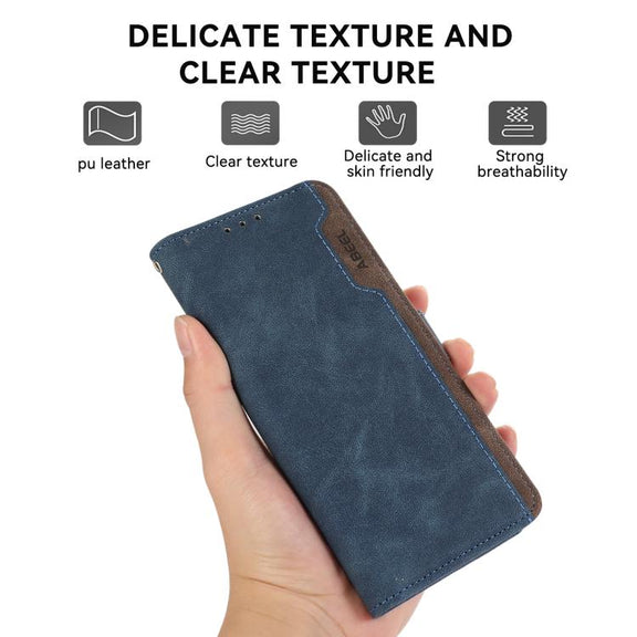 For iPhone 17 ABEEL Color Block Magnetic RFID Leather Phone Case(Blue-Brown)